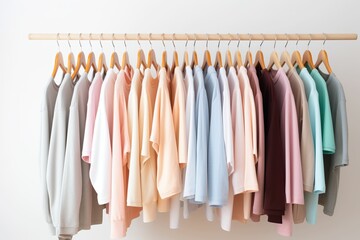 A row of colorful short-sleeved T-shirts hanging on the shelf, colorful short-sleeved T-shirts, summer clothing sale, new summer clothing, online shopping website classification