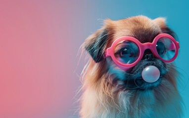 Pekingese dog blowing bubble gum wearing sunglasses fashion portrait on solid pastel background. presentation. advertisement. invitation. copy text space.