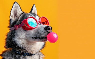 Husky dog blowing bubble gum wearing sunglasses fashion portrait on solid pastel background. presentation. advertisement. invitation. copy text space.