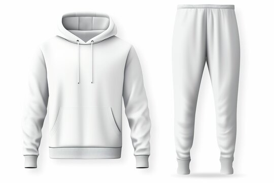 White sweatshirt with hood and sweatpants isolated on white, hooded tracksuit suit mockup