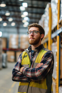 Male warehouse worker in bright distribution center with abundant natural light