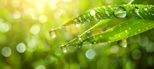 Gordijnen Close-up bamboo background with glistening water droplets in sunlight © pijav4uk