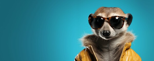 Meerkat Wearing Yellow Jacket and Sunglasses Isolated on Blue Background with Copy Text Space. Generative AI