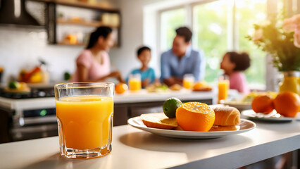 Healthy breakfast with orange juice, bread and fruit on table in kitchen