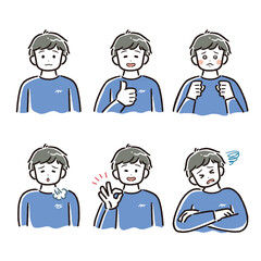 太線タッチの男性セットイラスト(アイコン、アバター、笑う、泣く、落ち込む、OK、NG )