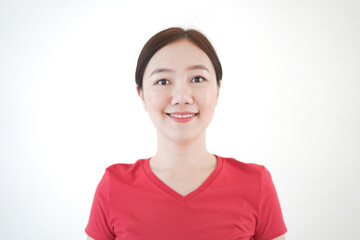 Smart and good looking Asian beautiful young woman in red t-shirt standing for portrait photography.