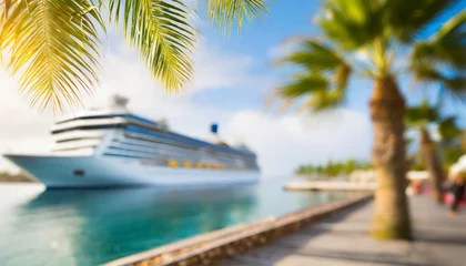 Poster Cruise ship and palm tree on the beach in the tropics. Tropical island vacation concept © Mariusz Blach