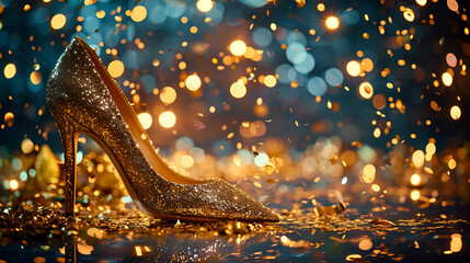 Womens Evening Shoes. Female gold glitter chunky high heel pumps and confetti. Shoes for wedding, Christmas, new year, evening, cocktail, night out. Golden stiletto heels. Generative AI - obrazy, fototapety, plakaty