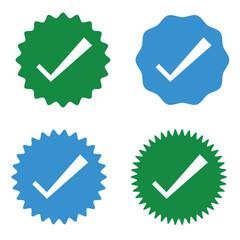 Social media account verification icons. Verified badge profile set on white artboard.