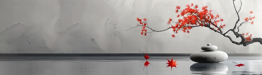 Tranquil scene with zen stones, red maple leaves, and serene water reflecting a foggy landscape. - obrazy, fototapety, plakaty