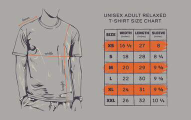 Vector illustration of a t-shirt size chart template - obrazy, fototapety, plakaty