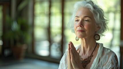 Serene elderly woman leads a yoga session with a focus on mindfulness and wellness in a sunlit room.
generative ai