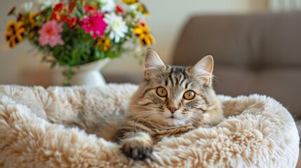 A beautiful brown Siberian cat lying on the cat bed in the living room.