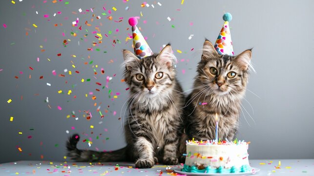 Two kitten celebrating birthday with cake and confetti on grey background.