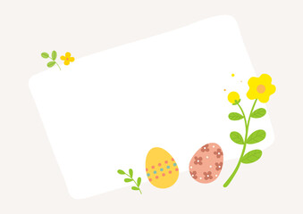 Easter eggs and cute flower plant decoration frame background. Easter celebration card, poster, banner design.