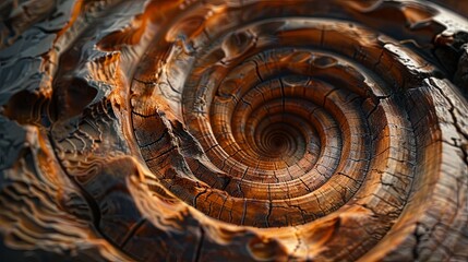 Macro shot of a weathered wooden log spiral pattern, exhibiting natural aging and the beauty of organic decay.