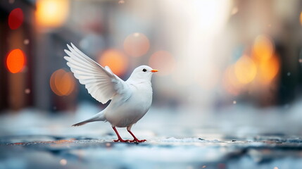 A serene white dove with widespread wings stands on a snowy street under glowing lights.