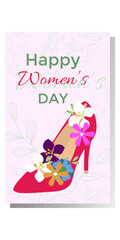 Happy women's day banner with red heeled shoe and different kinds blooming flowers inside. International women's day. Vector Template card poster.