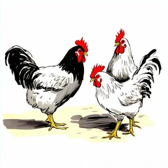 Three roosters standing together, showcasing their beautiful plumage - 741184038