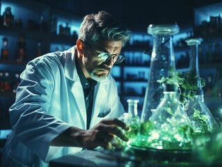 scientist in laboratory with tubes，Futuristic chemical reagent bottles filled with various liquids, chemical reagent bottles on the table