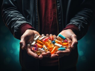 Person holding pills and capsules of various colors in hands, unbranded capsules and medicines, drugs of abuse, health care products, medicines example illustration