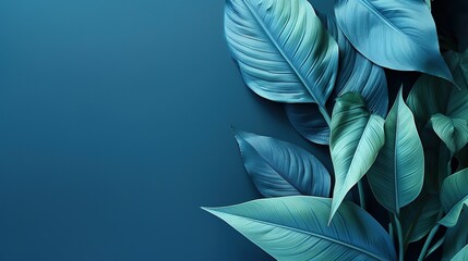 Leaves of various sizes on blue background, leaf background with space, leaf wallpaper, creative art background, multi-purpose background composed of three-dimensional leaves - obrazy, fototapety, plakaty