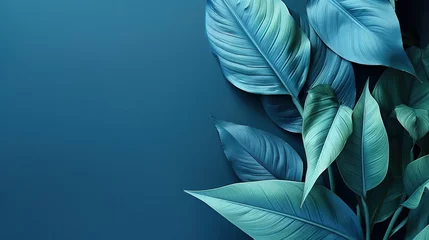 Foto op Plexiglas Leaves of various sizes on blue background, leaf background with space, leaf wallpaper, creative art background, multi-purpose background composed of three-dimensional leaves © Peng