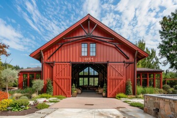 Red barn constructed on a farm in summer with doors open - obrazy, fototapety, plakaty