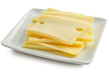 Cheese slices on white plate isolated on white background.
