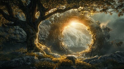 A mystical archway carved into a rock face in an enchanted forest, glowing with an ethereal light, beckons to an otherworldly realm.