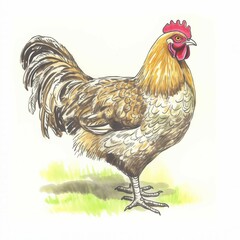 a rooster is standing in the grass on a white background