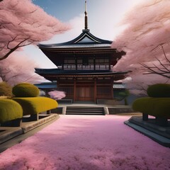 A traditional Japanese temple surrounded by cherry blossom trees in full bloom5