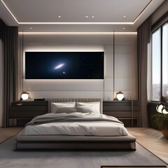A cozy bedroom with a comfortable bed, soft lighting, and a view of the stars through the window5