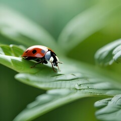 Naklejka premium A close-up of a ladybug crawling on a green leaf1