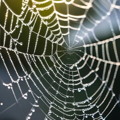 A close-up of a dew-covered spider web glistening in the early morning light5