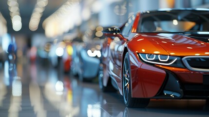 New cars display in luxury showroom with light bokeh in motor show event - obrazy, fototapety, plakaty