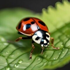 Fototapeta premium A close-up of a ladybug crawling on a green leaf2