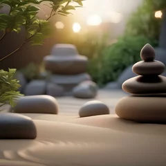 Selbstklebende Fototapeten A tranquil zen garden with raked sand and carefully placed rocks5 © Ai.Art.Creations