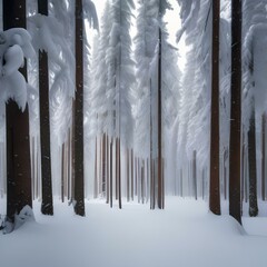 A snowy forest with tall pine trees coated in white, the ground blanketed in untouched snow5