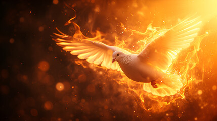 Winged dove in flames, a representation of the New Testament Holy Spirit with copy space. Generative AI - obrazy, fototapety, plakaty