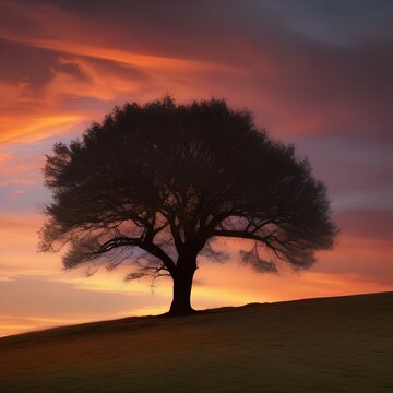 A lone tree standing on a hill, silhouetted against a fiery sunset sky5