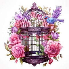 Bird in Cage Surrounded by Flowers