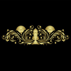 Symmetrical floral design with blooming branches. Folk Russian medieval motif. Ornate botanical border. Golden glossy silhouette on black background.