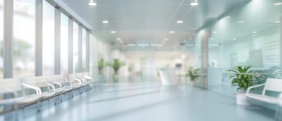 Abstract interior of a hospital or clinic: a luxury hospital corridor. Blur clinic interior background Healthcare and medical concepts - obrazy, fototapety, plakaty