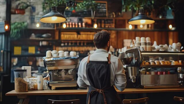 Barista in apron standing at counter in coffee shop and making coffee