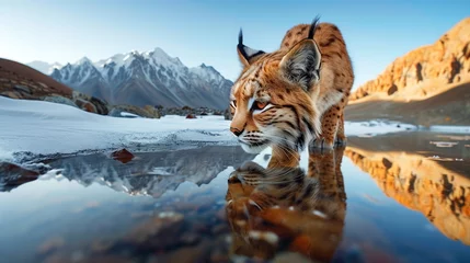 Foto op Plexiglas A majestic lynx walks by a reflective icy water against a backdrop of snowy mountains © weerasak