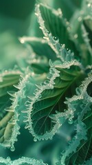 Fresh Neem Frost: Macro view of cold neem leaves exuding a refreshing chill.