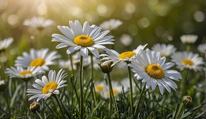 Fototapeta premium Spring white daisies in the garden, spring season floral background.