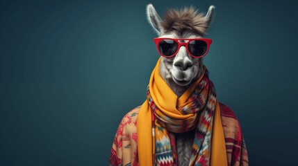Lama Wearing Winter Outfit and Red Sunglasses Isolated on Blue Background with Empty Copy Text Space. Generative AI