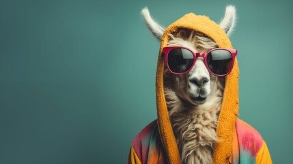 Cute Lama Wearing Funky Modern Outfit and Pink Sunglasses Isolated on Blue Background with Empty Copy Text Space. Generative AI